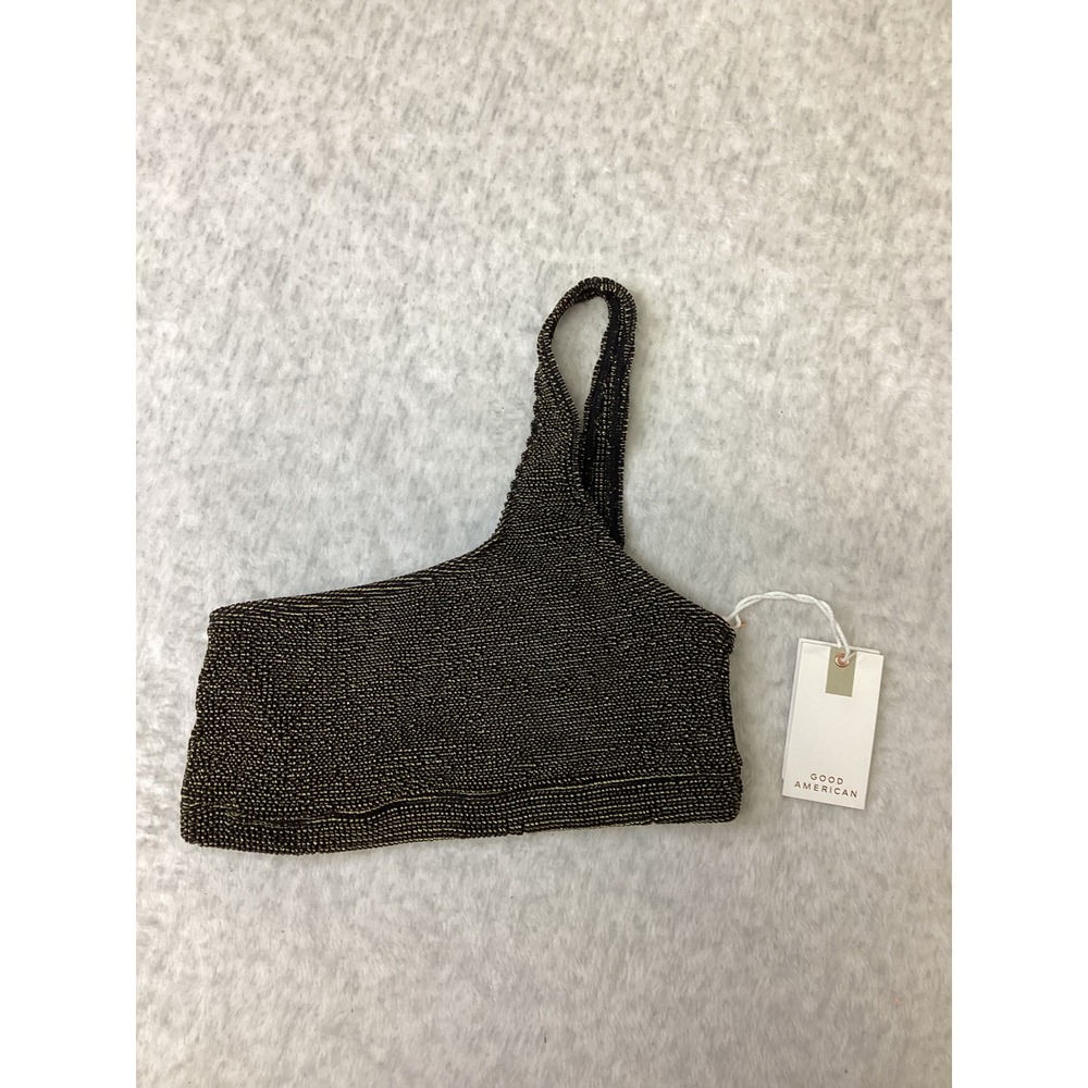 Good American Metallic One Shoulder Swim Top Black Gold GSW0502 Size 00/0